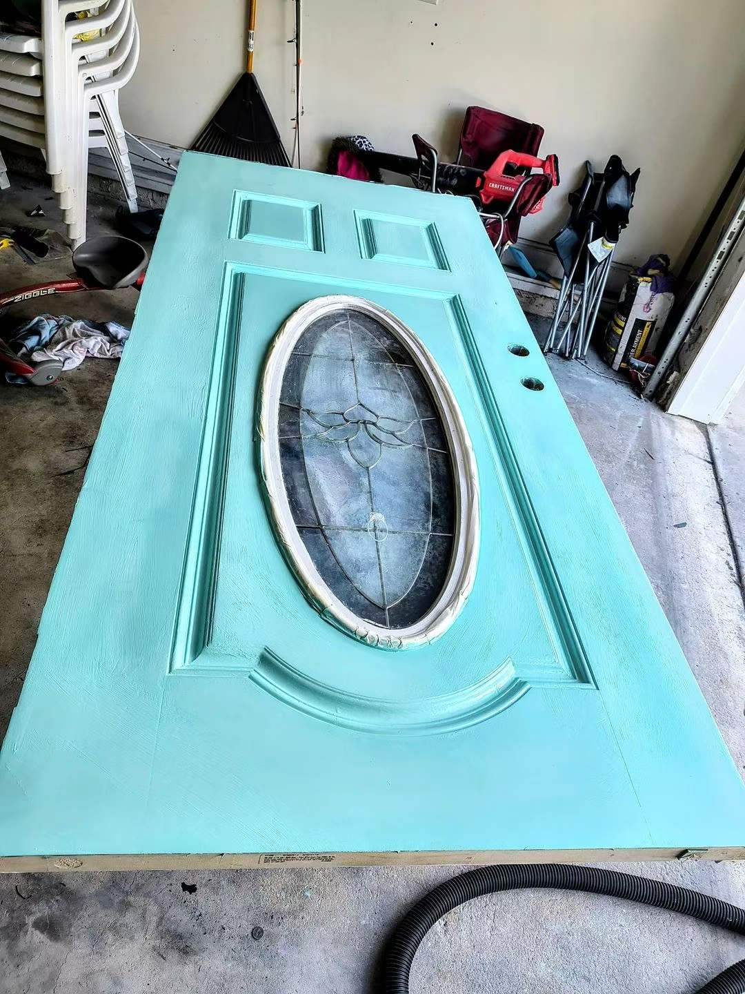 Front door removed and refinished during the restoration process