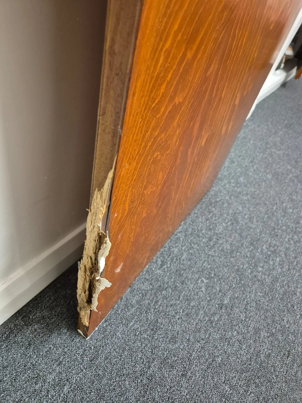 Broken lower section of a timber door documented before repair
